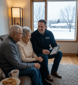 Hugo team member shows tablet to senior couple