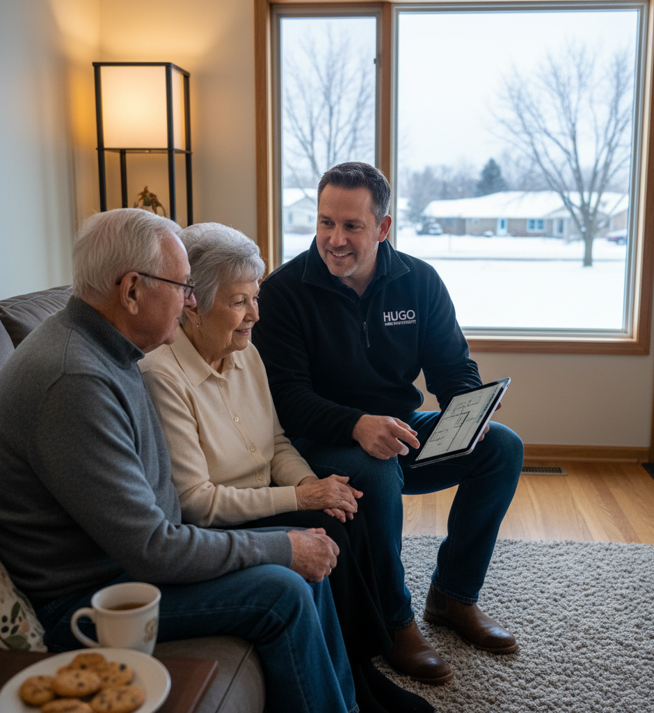 Hugo team member shows tablet to senior couple