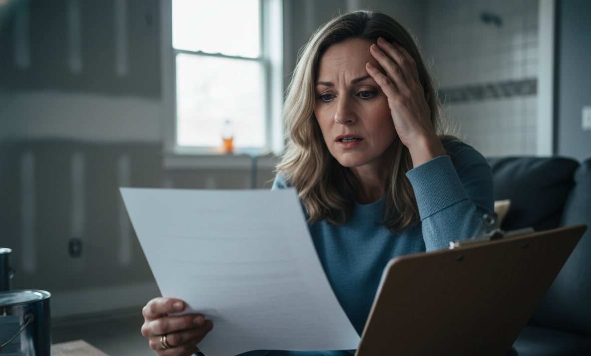 A homeowner looking stressed while holding a blank piece of paper or an empty clipboard